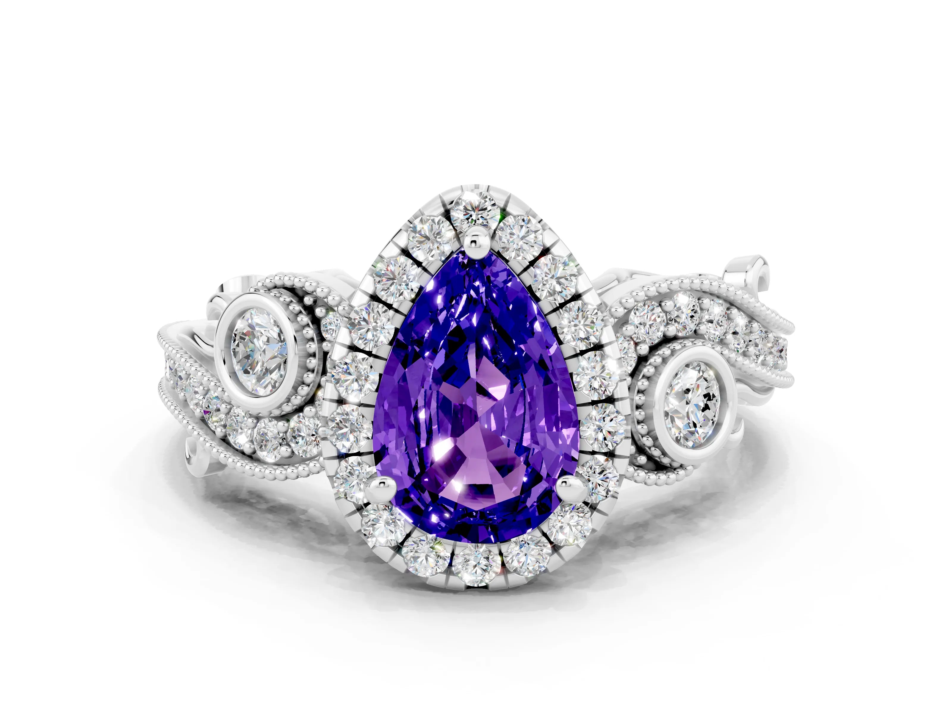 White gold Pear Cut Tanzanite Halo Ring with Milgrain Pavé Band and Four-Prong Setting_12