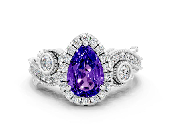 Silver Pear Cut Tanzanite Halo Ring with Milgrain Pavé Band and Four-Prong Setting