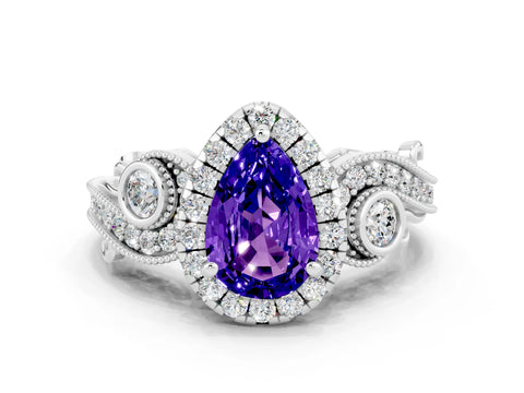White gold Pear Cut Tanzanite Halo Ring with Milgrain Pavé Band and Four-Prong Setting_12