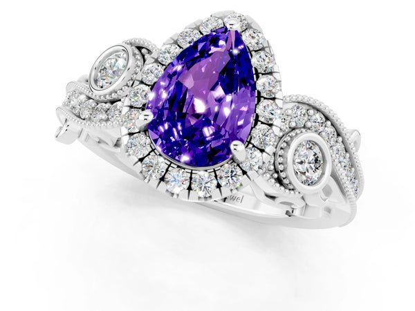 Platinum Pear Cut Tanzanite Halo Ring with Milgrain Pavé Band and Four-Prong Setting
