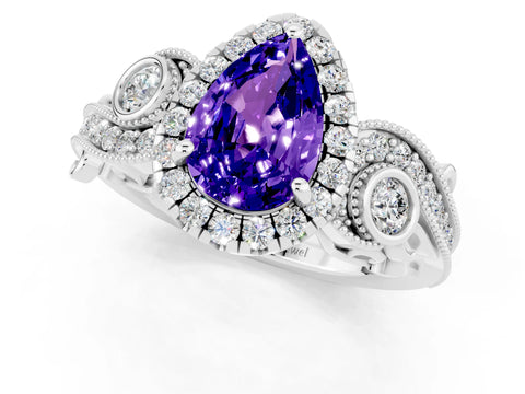 White gold Pear Cut Tanzanite Halo Ring with Milgrain Pavé Band and Four-Prong Setting_13