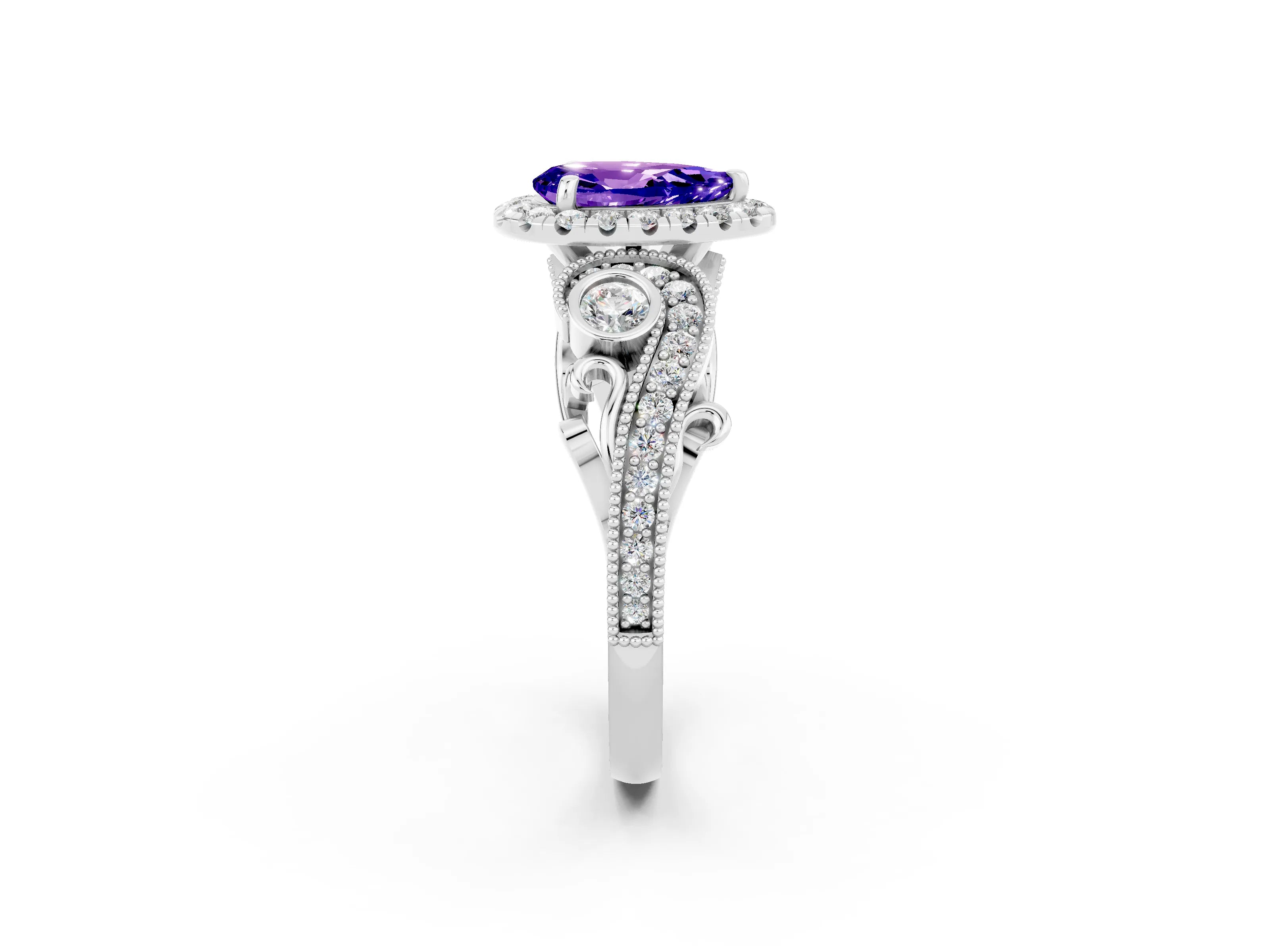 White gold Pear Cut Tanzanite Halo Ring with Milgrain Pavé Band and Four-Prong Setting_14