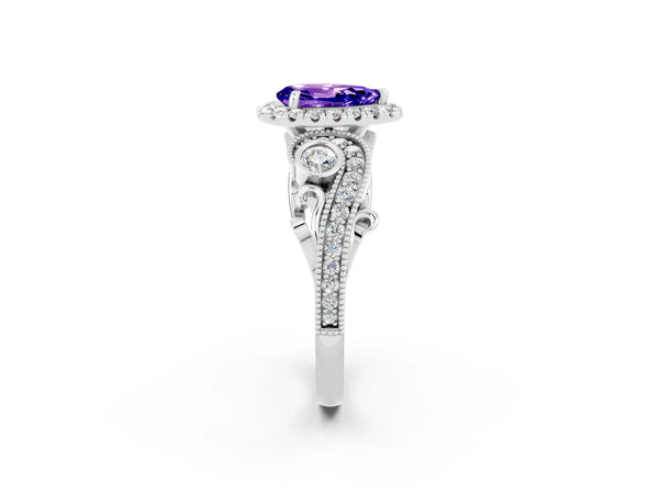 Silver Pear Cut Tanzanite Halo Ring with Milgrain Pavé Band and Four-Prong Setting