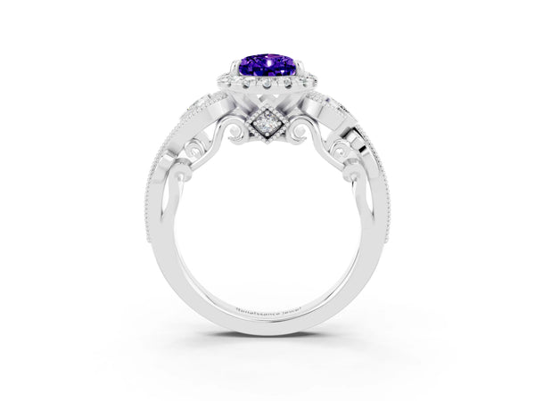 Silver Pear Cut Tanzanite Halo Ring with Milgrain Pavé Band and Four-Prong Setting