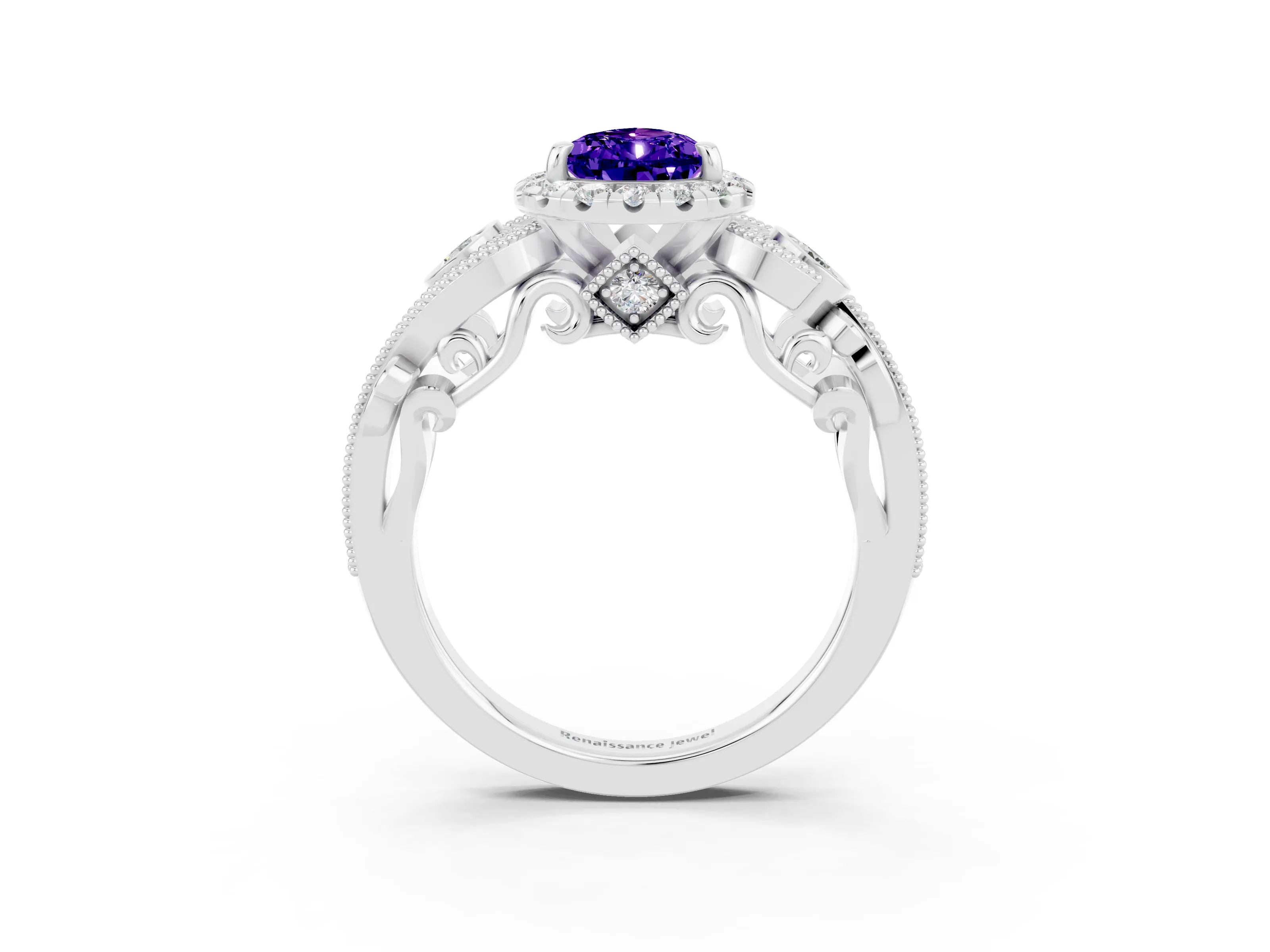 White gold Pear Cut Tanzanite Halo Ring with Milgrain Pavé Band and Four-Prong Setting_15