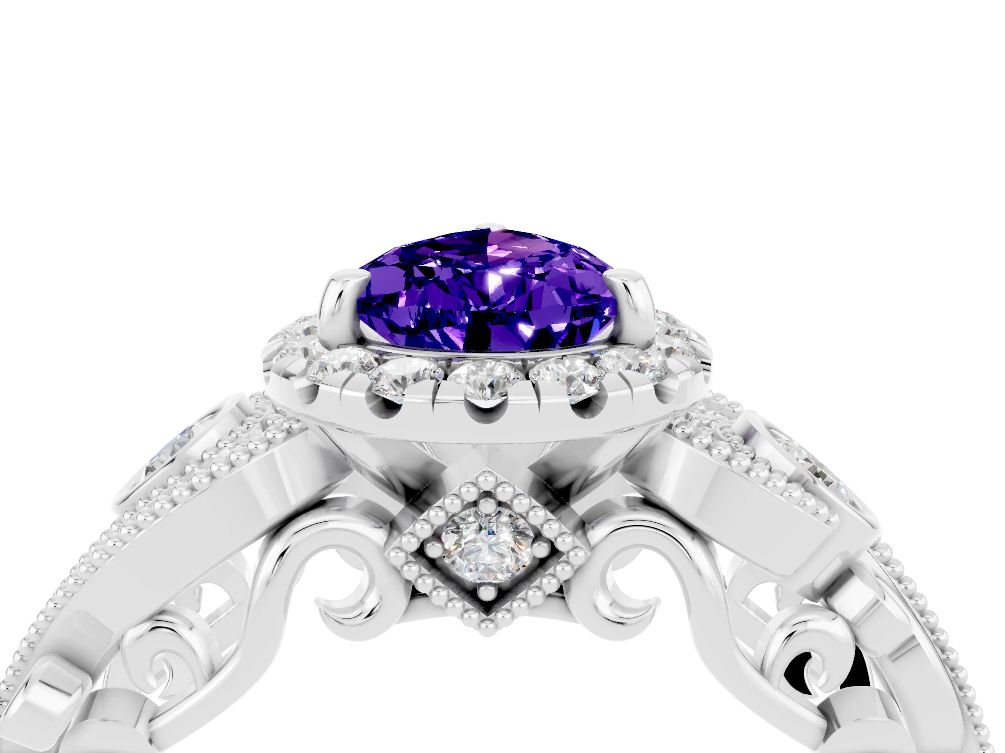 White gold Pear Cut Tanzanite Halo Ring with Milgrain Pavé Band and Four-Prong Setting_16
