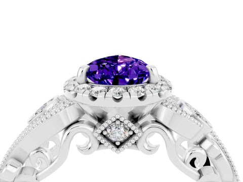 White gold Pear Cut Tanzanite Halo Ring with Milgrain Pavé Band and Four-Prong Setting_16
