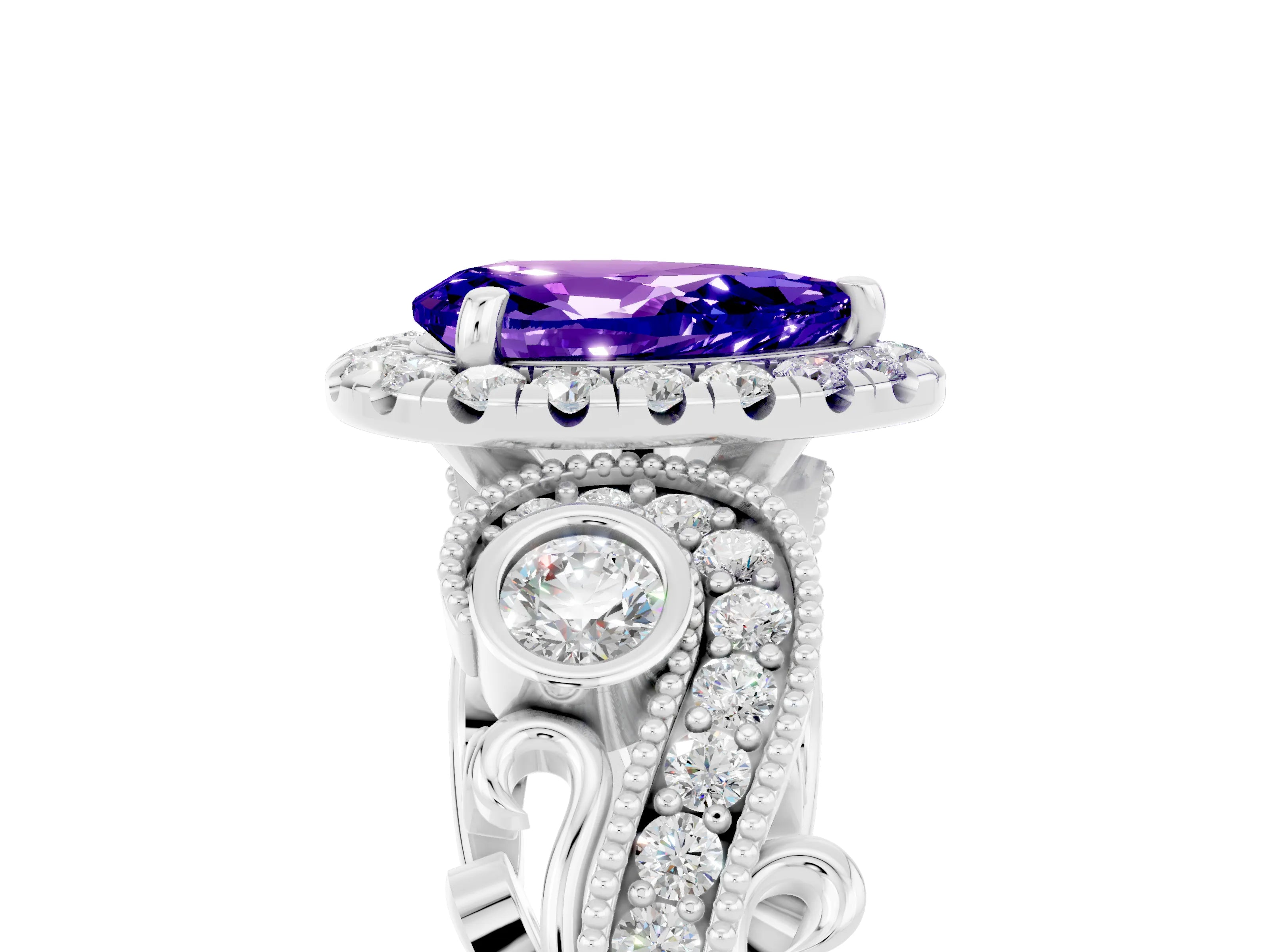 White gold Pear Cut Tanzanite Halo Ring with Milgrain Pavé Band and Four-Prong Setting_17