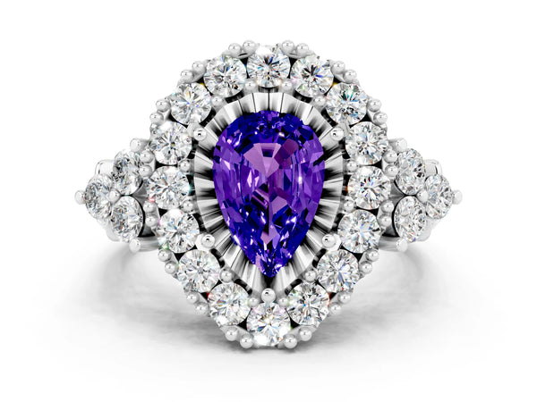 Platinum Pear Cut Tanzanite Halo Ring with Pavé Band and Four-Prong Setting