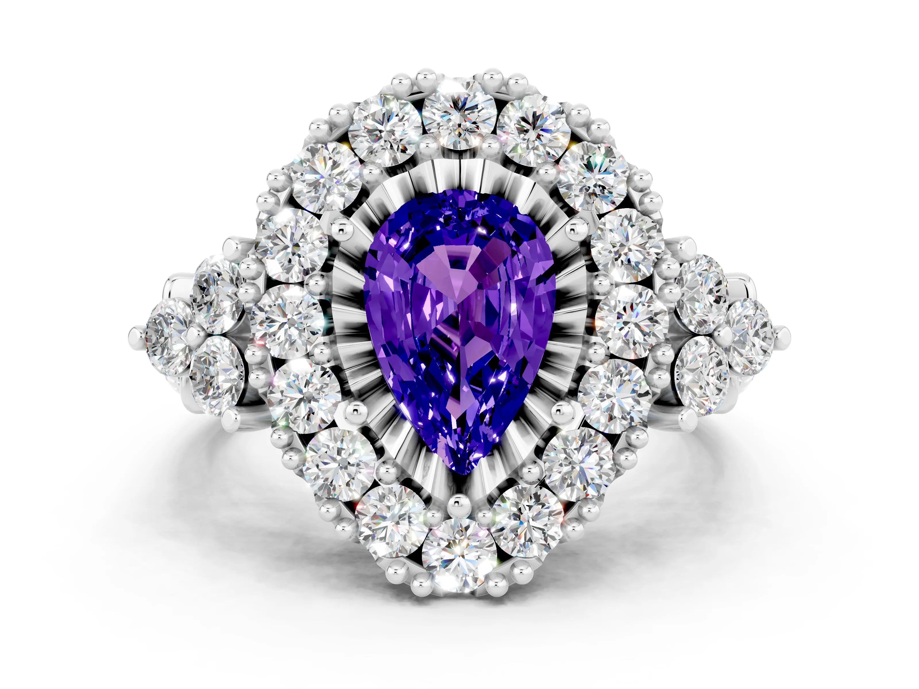 White gold Pear Cut Tanzanite Halo Ring with Pavé Band and Four-Prong Setting_12