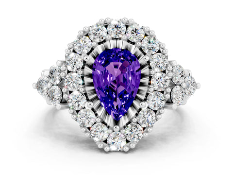 White gold Pear Cut Tanzanite Halo Ring with Pavé Band and Four-Prong Setting_12