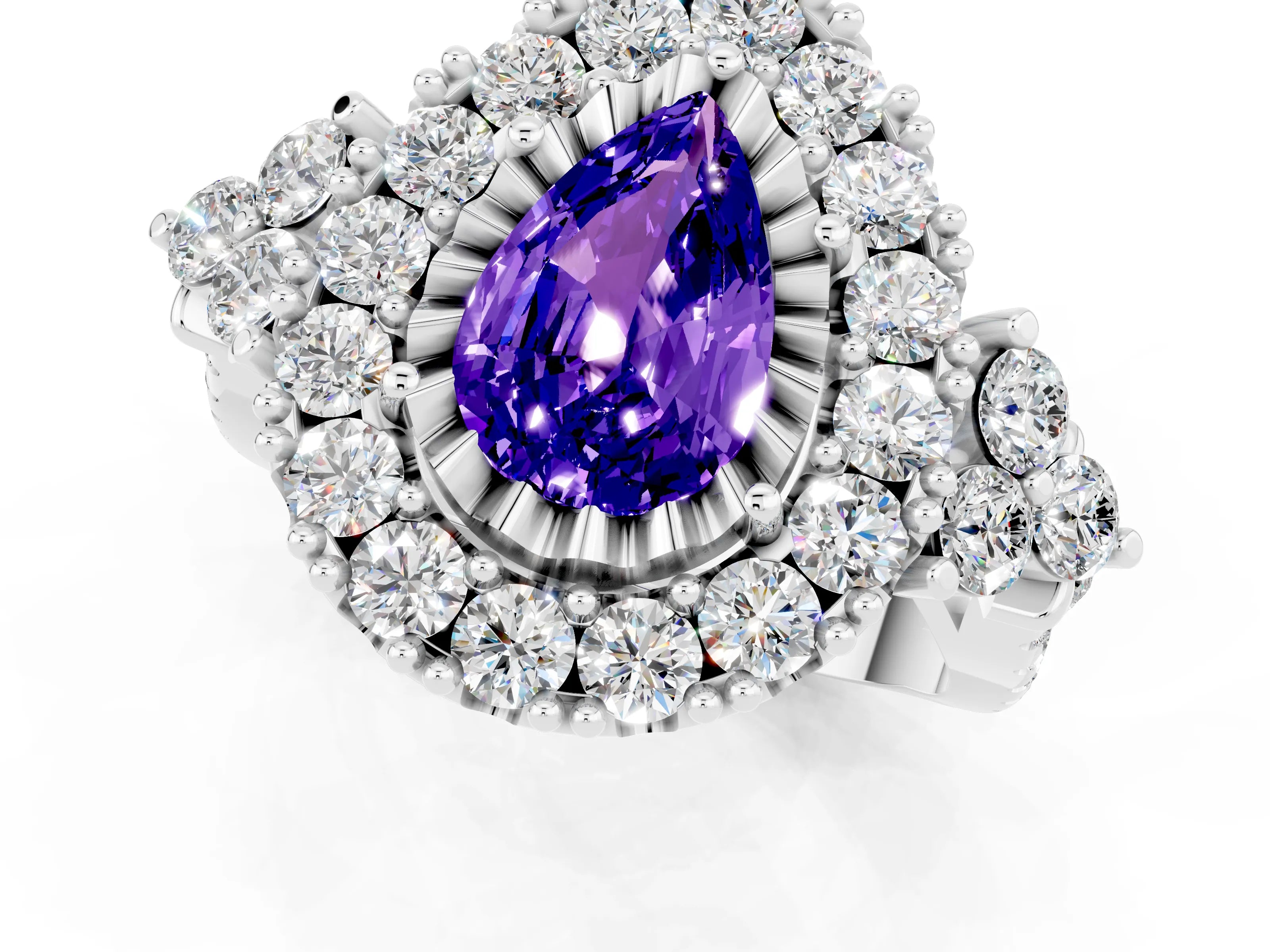 White gold Pear Cut Tanzanite Halo Ring with Pavé Band and Four-Prong Setting_13