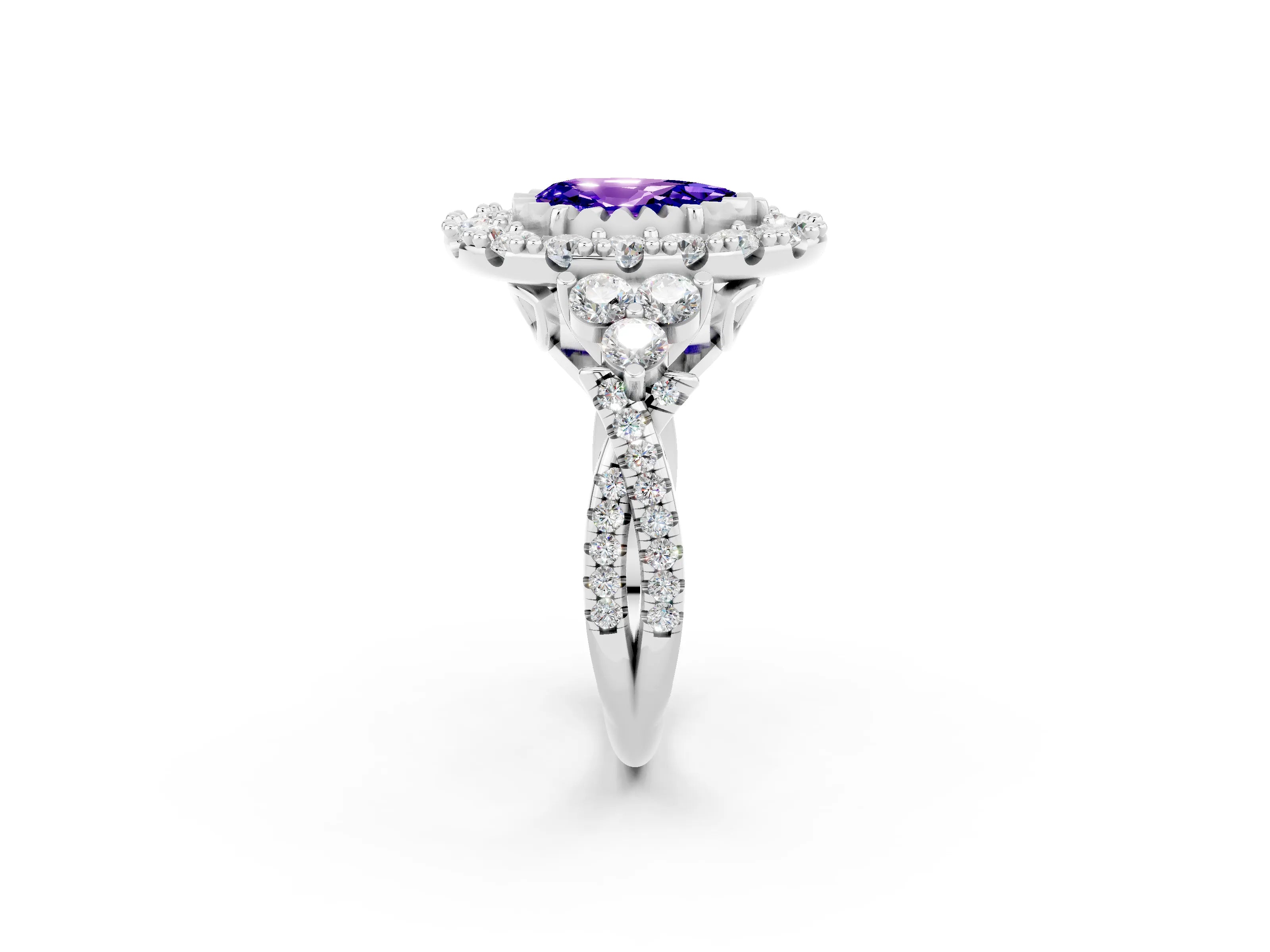 White gold Pear Cut Tanzanite Halo Ring with Pavé Band and Four-Prong Setting_14