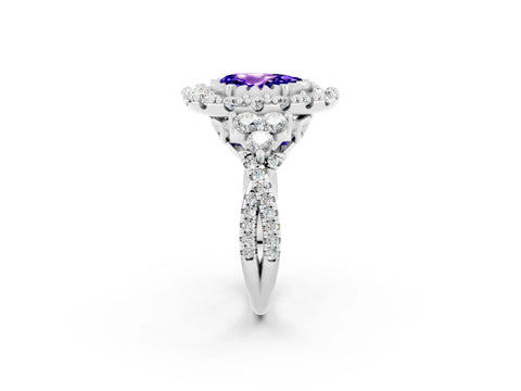 White gold Pear Cut Tanzanite Halo Ring with Pavé Band and Four-Prong Setting_14