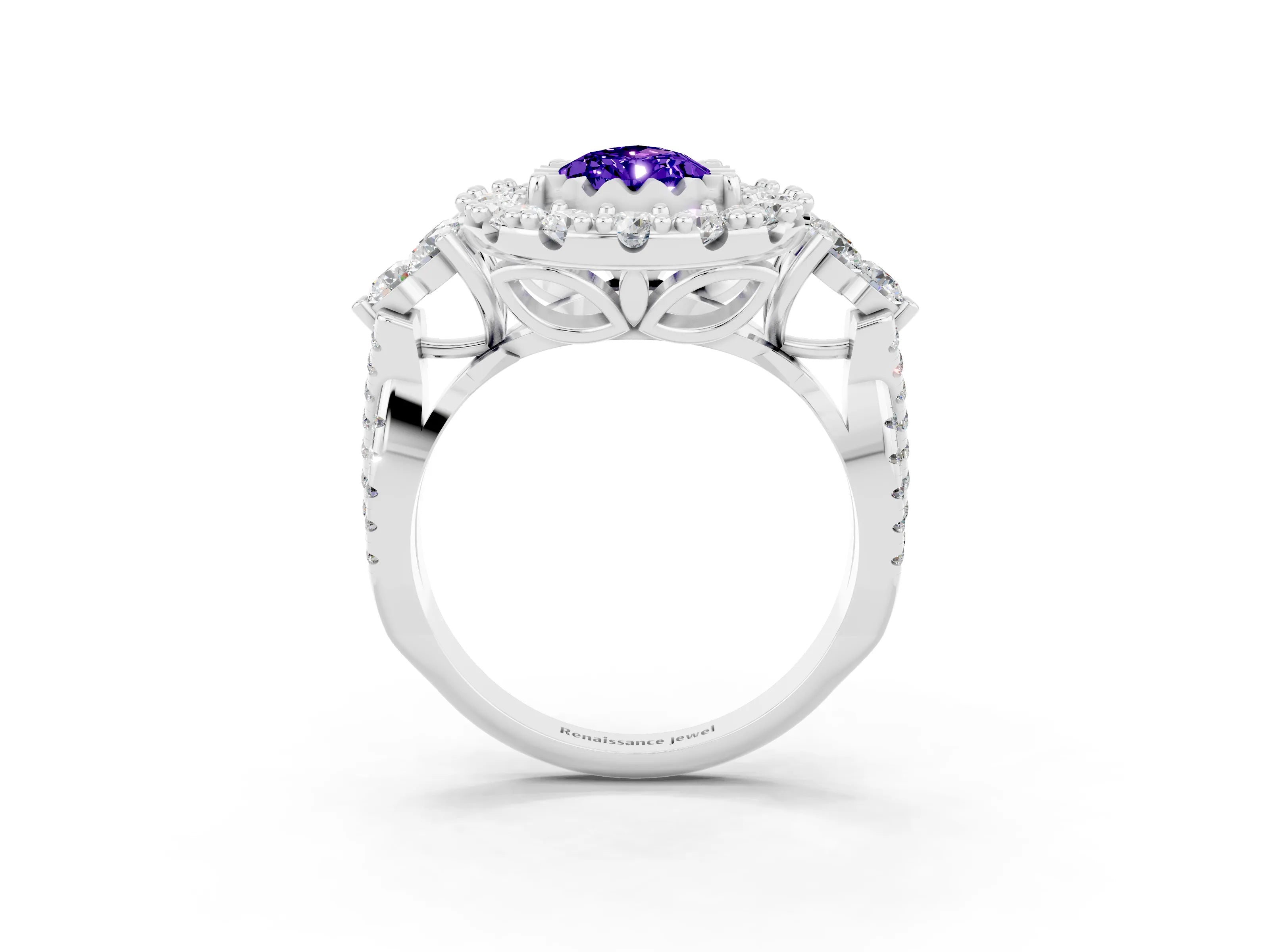 White gold Pear Cut Tanzanite Halo Ring with Pavé Band and Four-Prong Setting_15