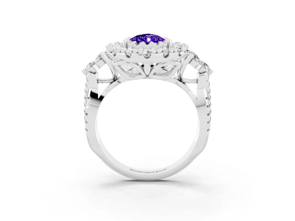Platinum Pear Cut Tanzanite Halo Ring with Pavé Band and Four-Prong Setting
