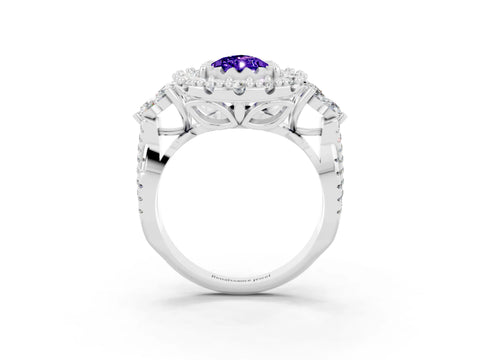 White gold Pear Cut Tanzanite Halo Ring with Pavé Band and Four-Prong Setting_15