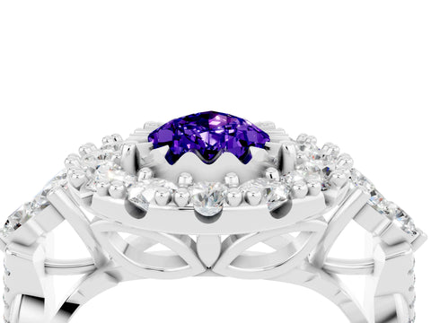 White gold Pear Cut Tanzanite Halo Ring with Pavé Band and Four-Prong Setting_16