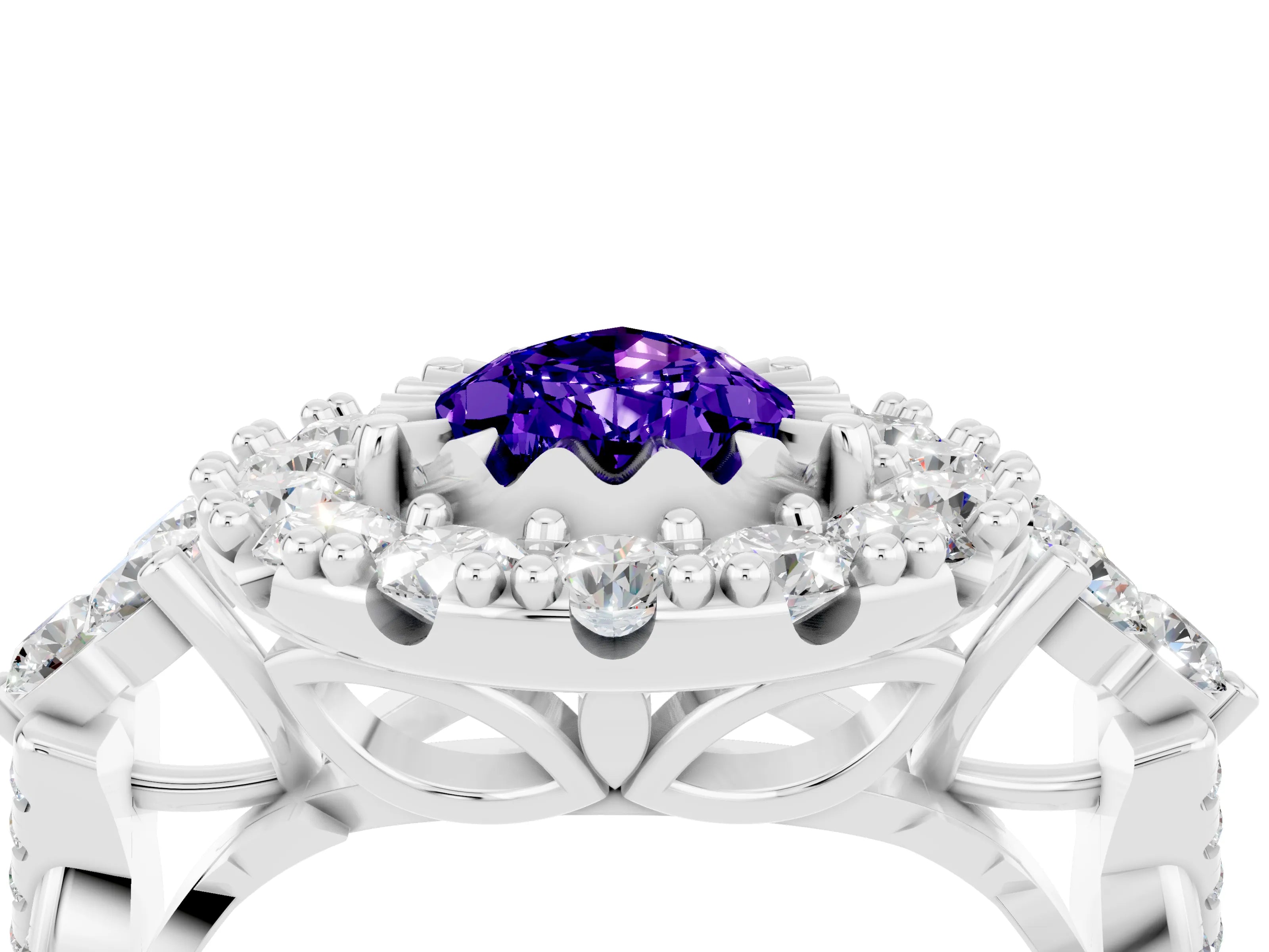 White gold Pear Cut Tanzanite Halo Ring with Pavé Band and Four-Prong Setting_16