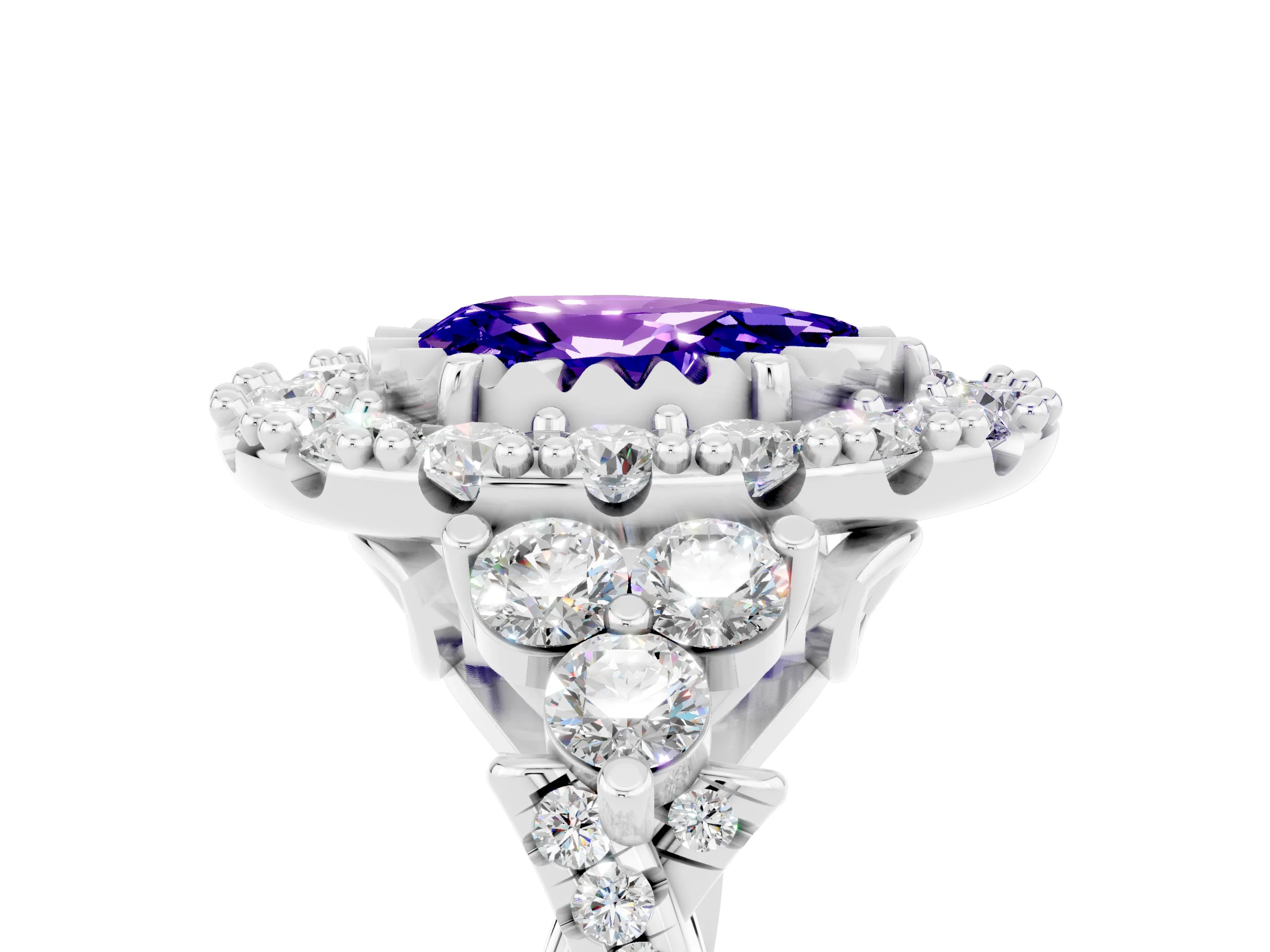 White gold Pear Cut Tanzanite Halo Ring with Pavé Band and Four-Prong Setting_17