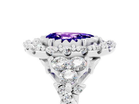 White gold Pear Cut Tanzanite Halo Ring with Pavé Band and Four-Prong Setting_17