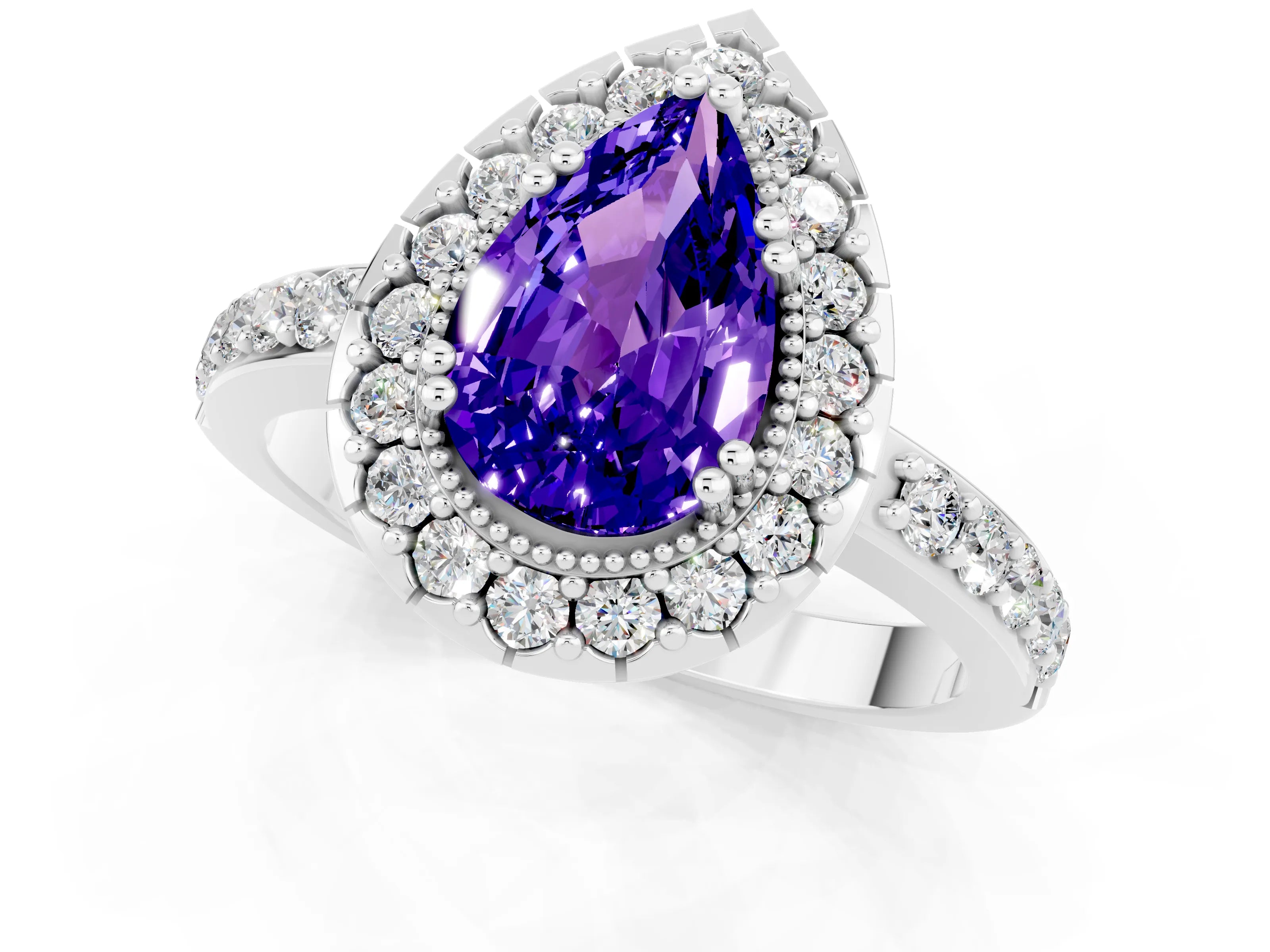White gold Pear Cut Tanzanite Halo Ring with Pavé Band and Prong Setting_1