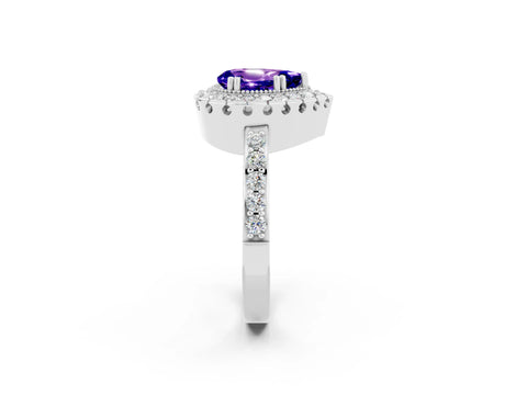 White gold Pear Cut Tanzanite Halo Ring with Pavé Band and Prong Setting_2