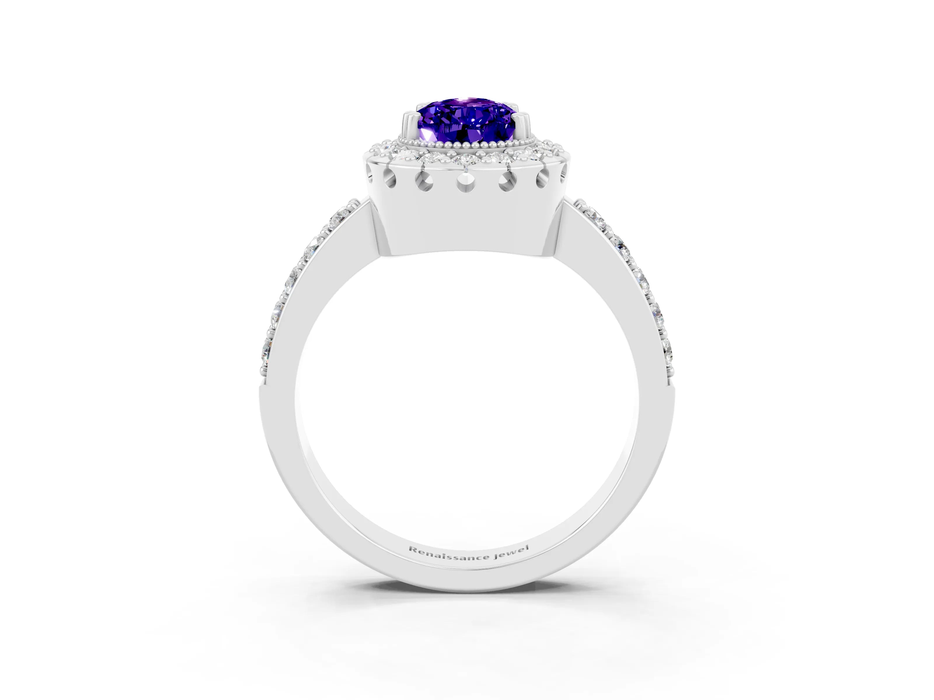 White gold Pear Cut Tanzanite Halo Ring with Pavé Band and Prong Setting_3