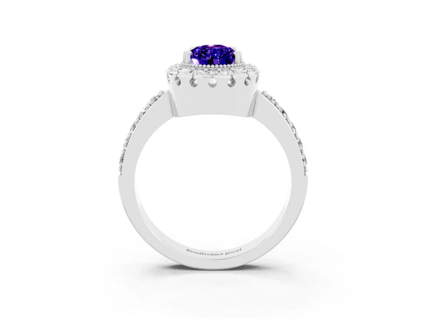 White gold Pear Cut Tanzanite Halo Ring with Pavé Band and Prong Setting