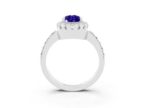 White gold Pear Cut Tanzanite Halo Ring with Pavé Band and Prong Setting_3