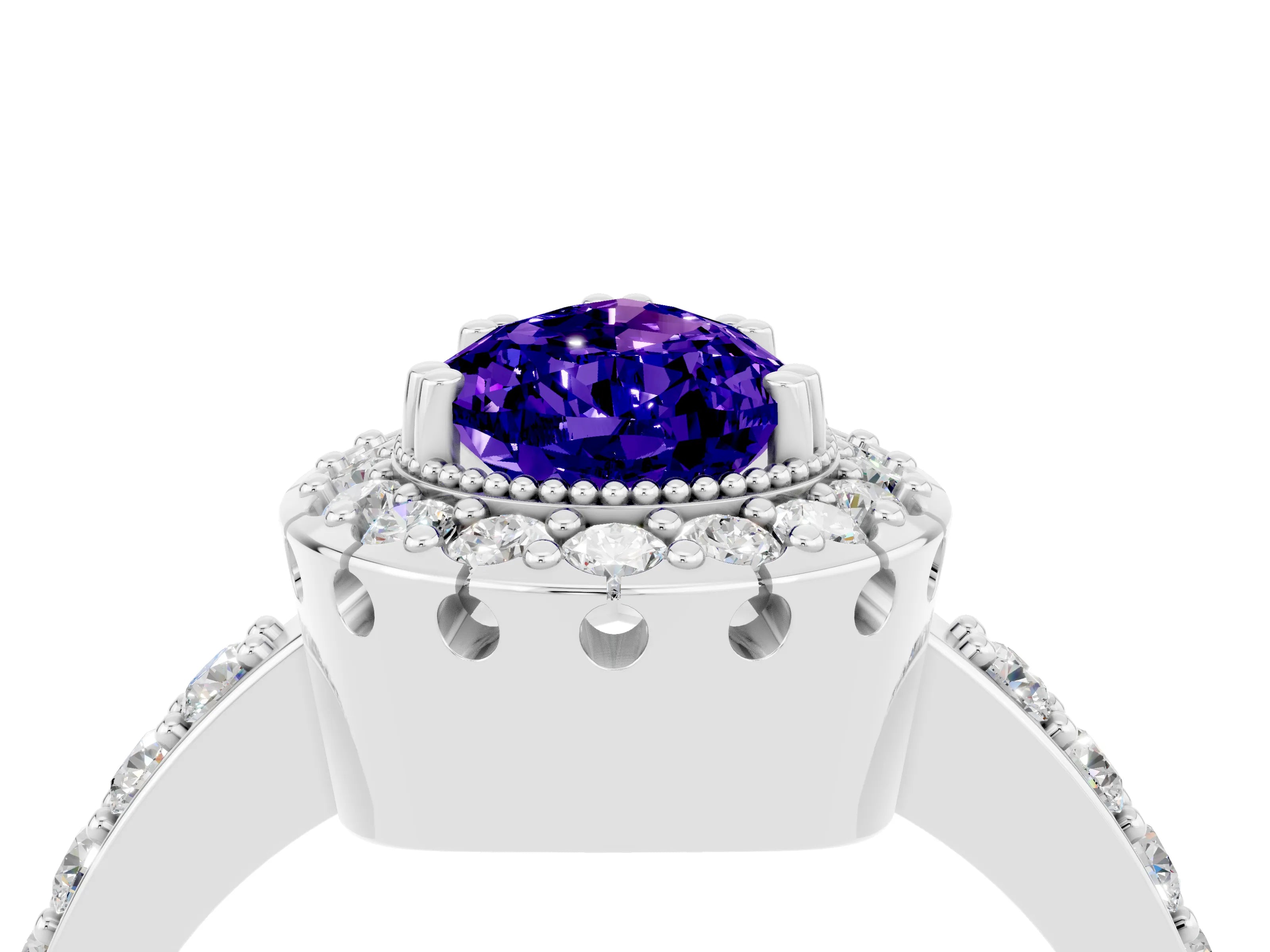 White gold Pear Cut Tanzanite Halo Ring with Pavé Band and Prong Setting_4