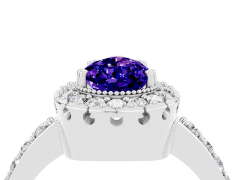 White gold Pear Cut Tanzanite Halo Ring with Pavé Band and Prong Setting_4