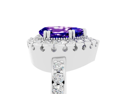 White gold Pear Cut Tanzanite Halo Ring with Pavé Band and Prong Setting_5