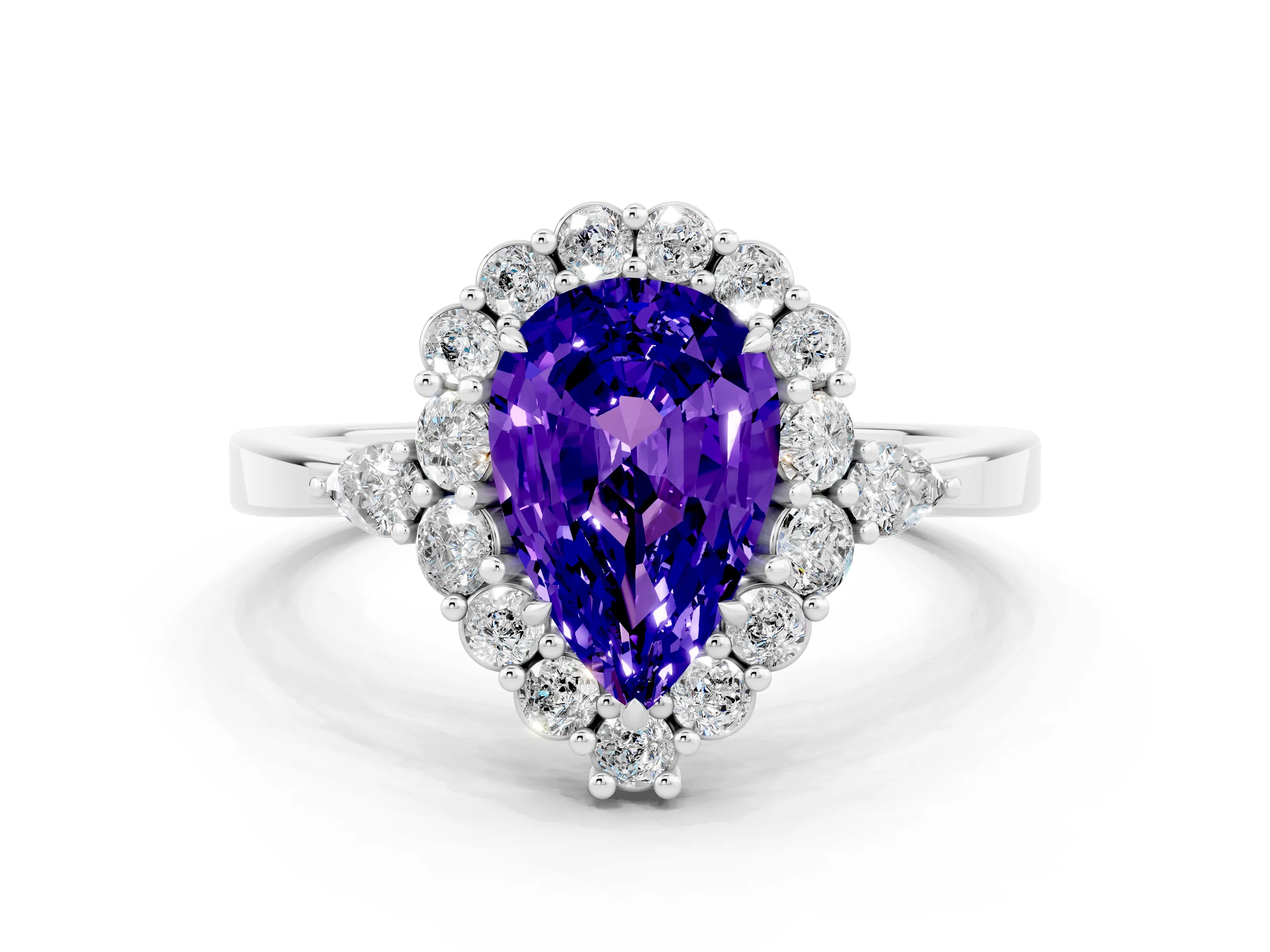 White gold Pear Cut Tanzanite Halo Ring with Pear Side Stones and Prong Setting_12