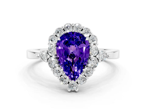 White gold Pear Cut Tanzanite Halo Ring with Pear Side Stones and Prong Setting_12