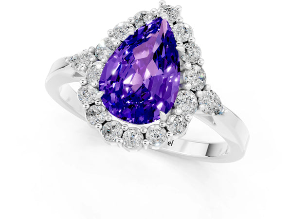 Silver Pear Cut Tanzanite Halo Ring with Pear Side Stones and Prong Setting