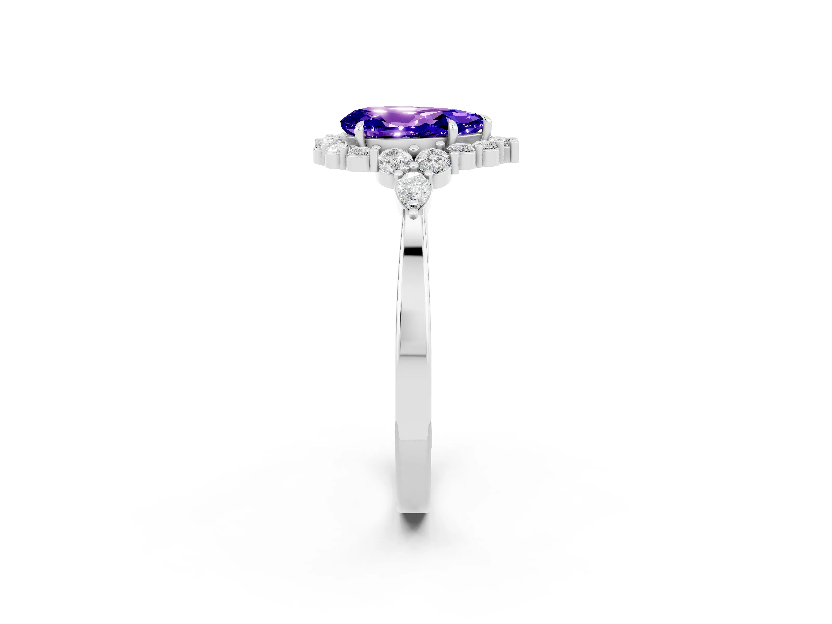 White gold Pear Cut Tanzanite Halo Ring with Pear Side Stones and Prong Setting_14