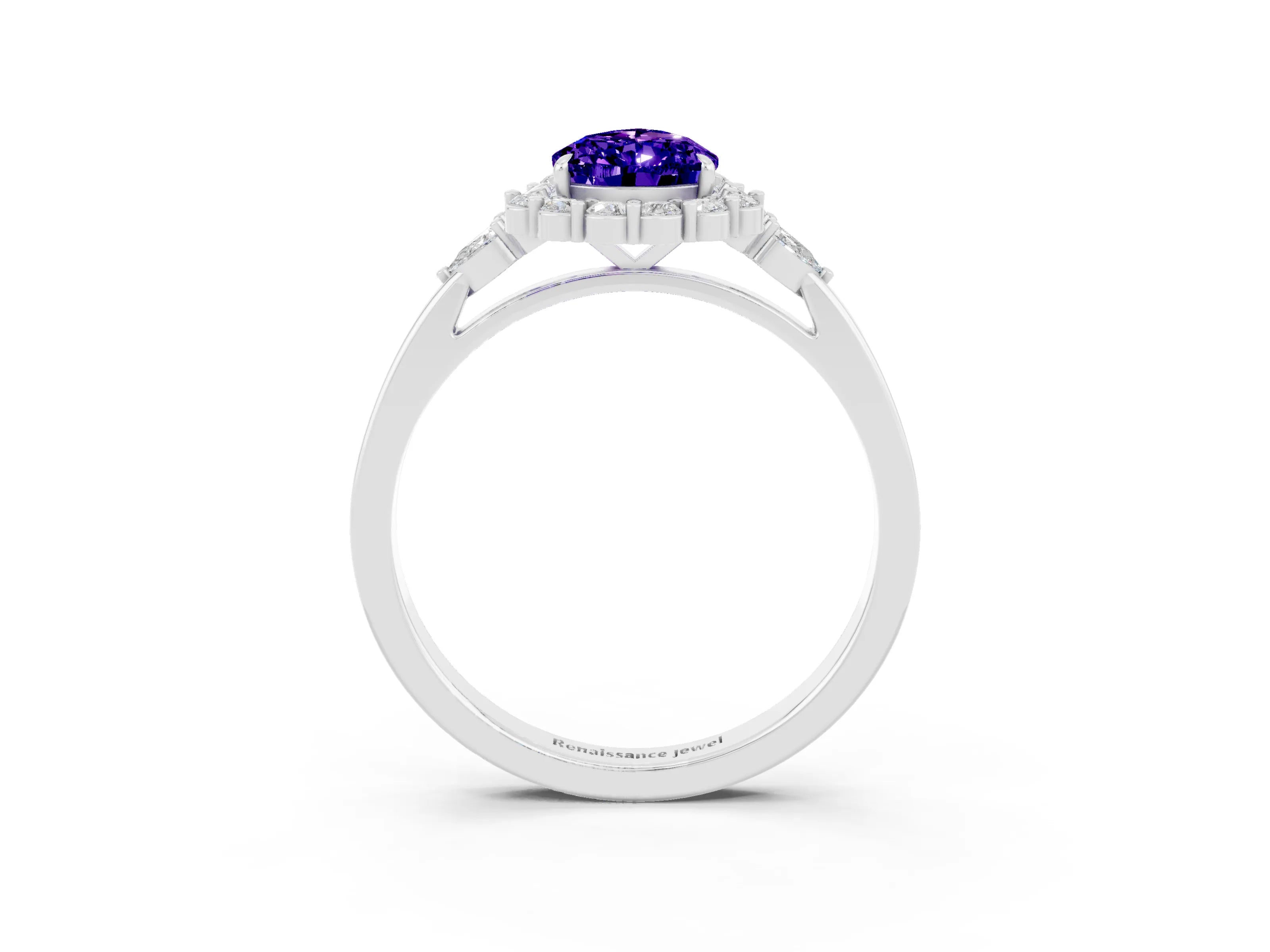 White gold Pear Cut Tanzanite Halo Ring with Pear Side Stones and Prong Setting_15