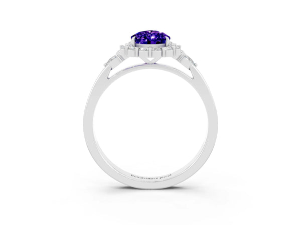 White gold Pear Cut Tanzanite Halo Ring with Pear Side Stones and Prong Setting