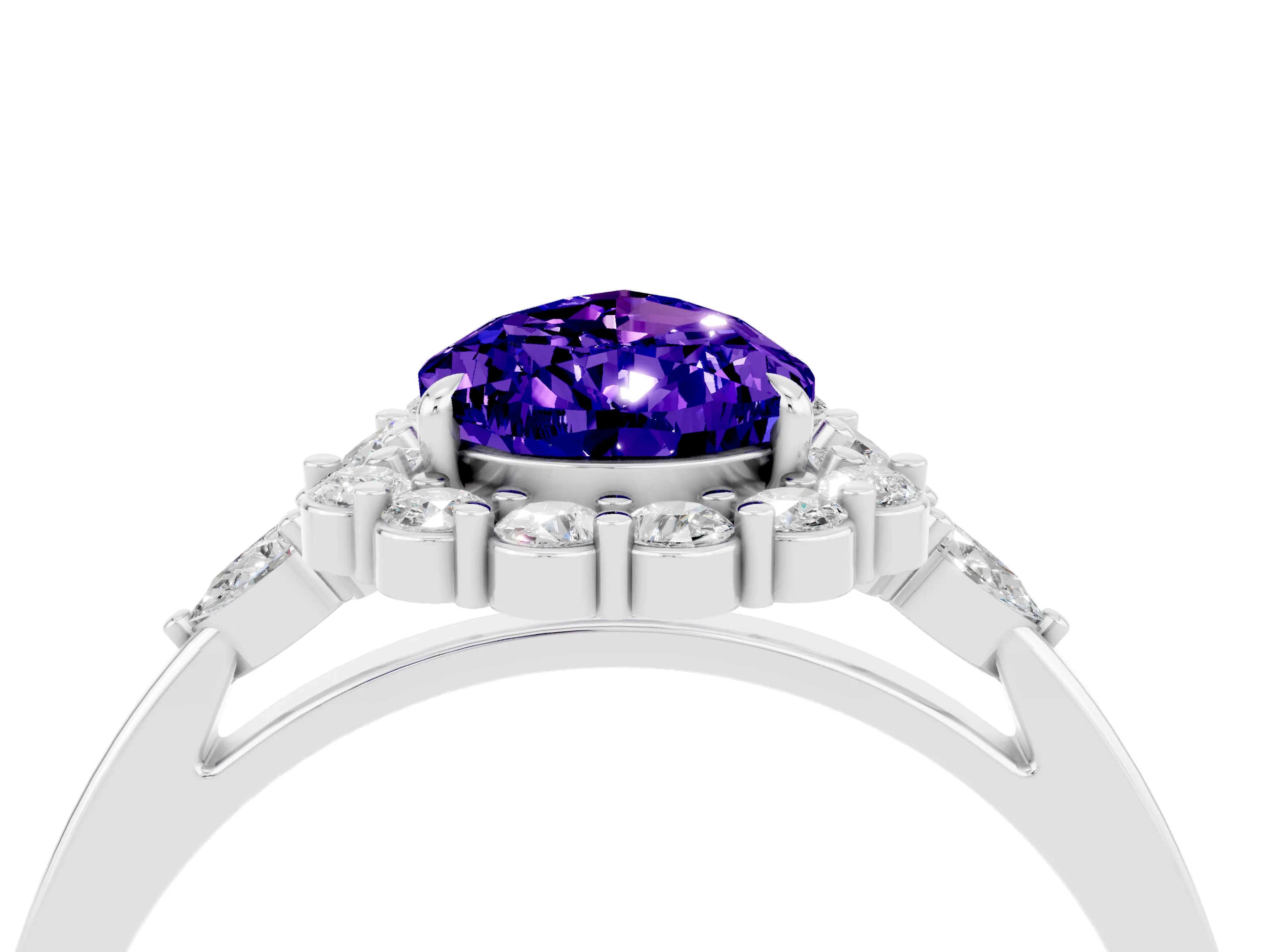 White gold Pear Cut Tanzanite Halo Ring with Pear Side Stones and Prong Setting_16