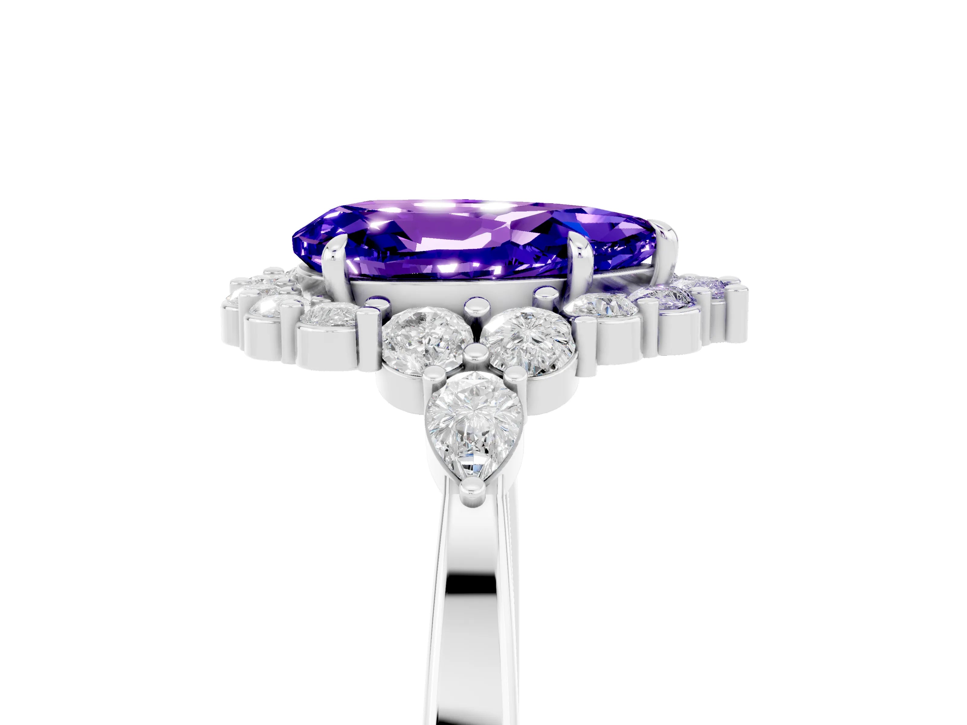 White gold Pear Cut Tanzanite Halo Ring with Pear Side Stones and Prong Setting_17