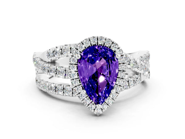Platinum Pear Cut Tanzanite Halo Ring with Round Split Shank and Prong Setting