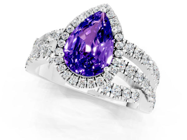 White gold Pear Cut Tanzanite Halo Ring with Round Split Shank and Prong Setting