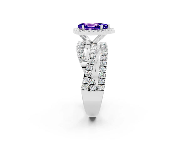 Platinum Pear Cut Tanzanite Halo Ring with Round Split Shank and Prong Setting