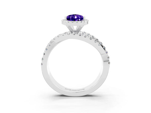White gold Pear Cut Tanzanite Halo Ring with Round Split Shank and Prong Setting