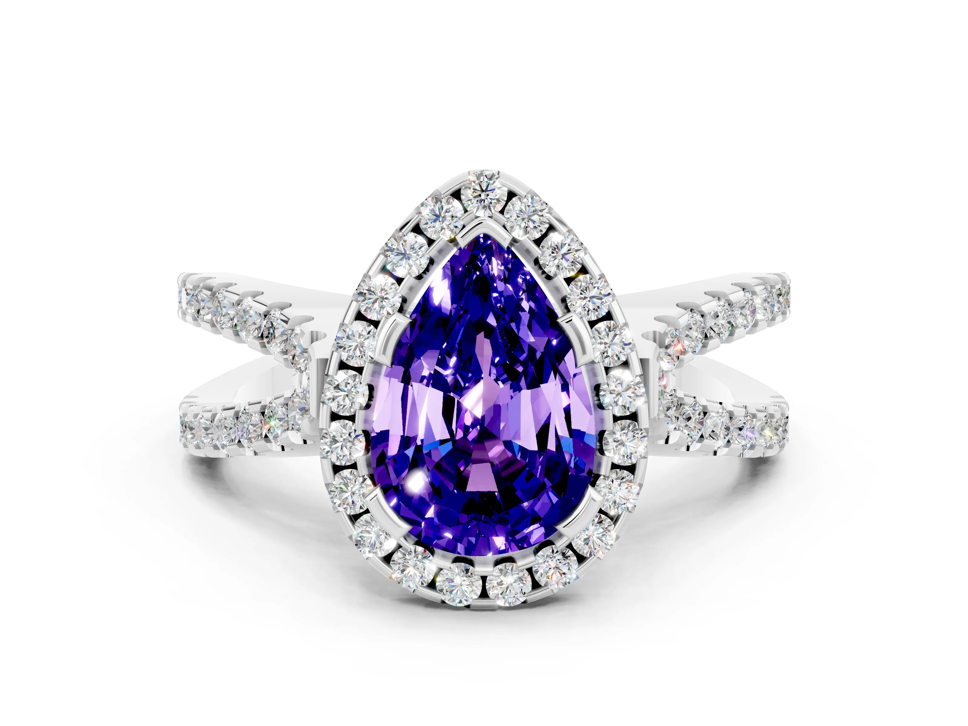 White gold Pear Cut Tanzanite Halo Ring with Split Shank Pavé Band and Prong Setting
