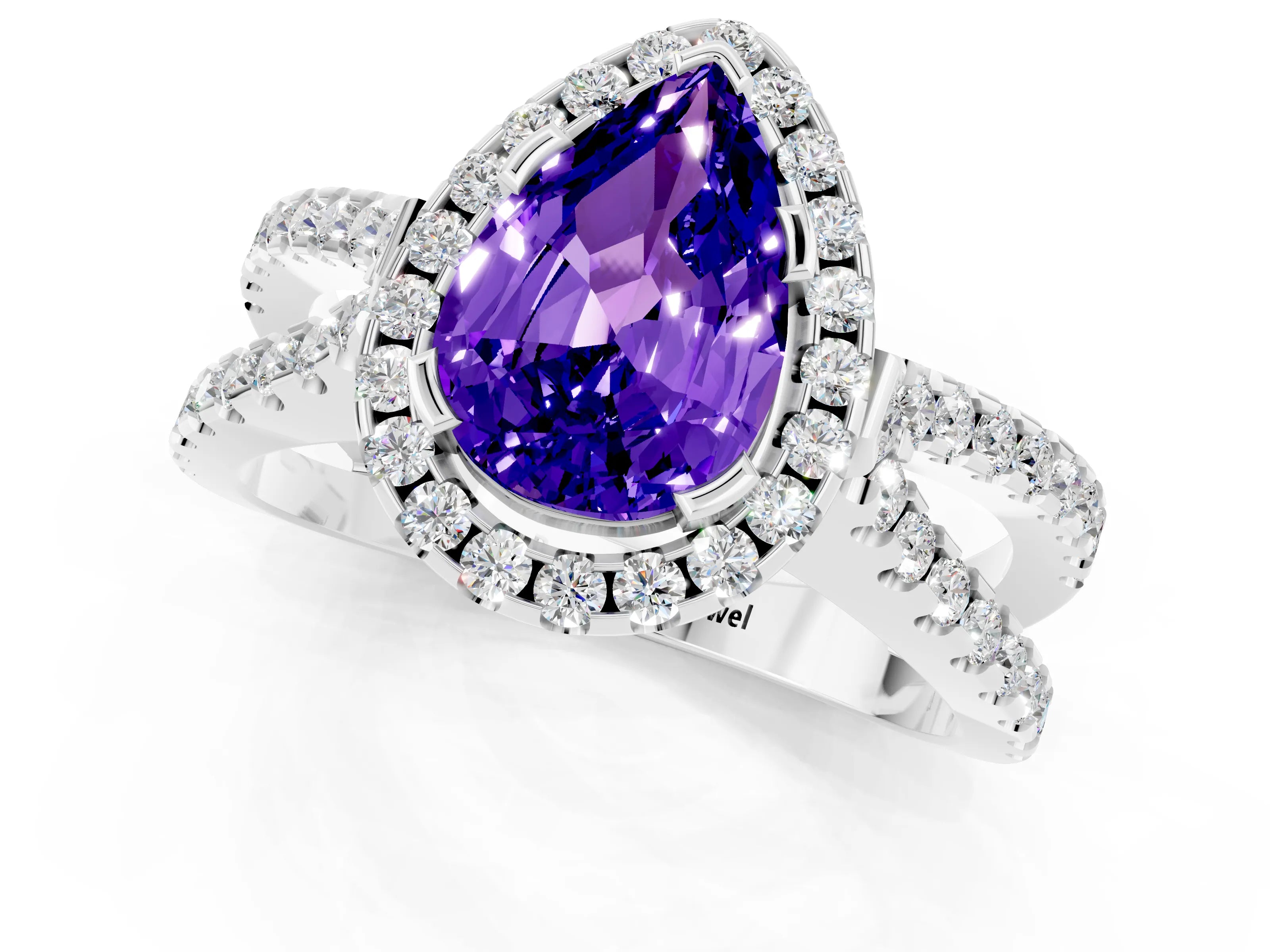 White gold Pear Cut Tanzanite Halo Ring with Split Shank Pavé Band and Prong Setting_1