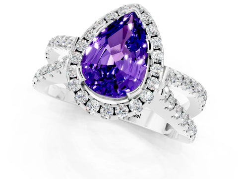 White gold Pear Cut Tanzanite Halo Ring with Split Shank Pavé Band and Prong Setting_1