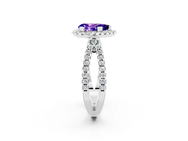 Silver Pear Cut Tanzanite Halo Ring with Split Shank Pavé Band and Prong Setting
