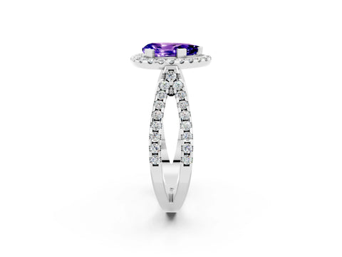 White gold Pear Cut Tanzanite Halo Ring with Split Shank Pavé Band and Prong Setting_2